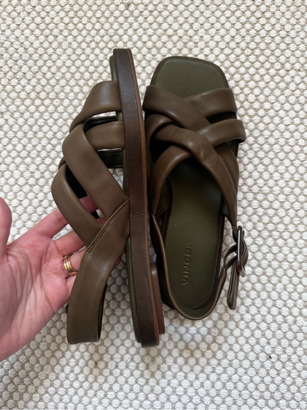 Vince Olive Green Leather Crisscross Slingback Sandals